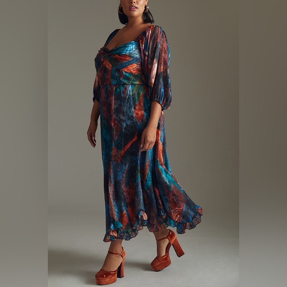 Hutch Printed Twist-Front Puff-Sleeve Ruffle-Hem Dress in Blue Motif - Picture 9 of 9